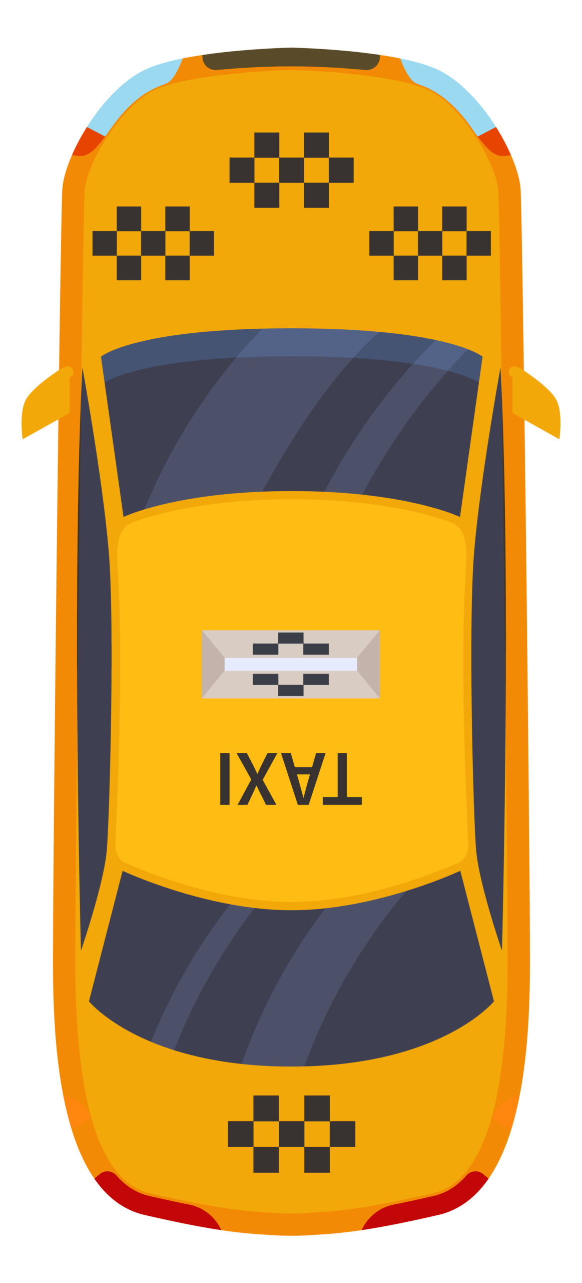 Taxi car top view. Yellow auto with black square symbol isolated on white background